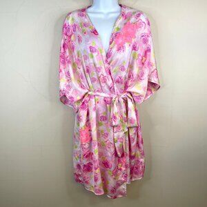 Betsey Johnson Womens Dainty Floral Kimono Robe Size L Pink Satin Belted Lounge